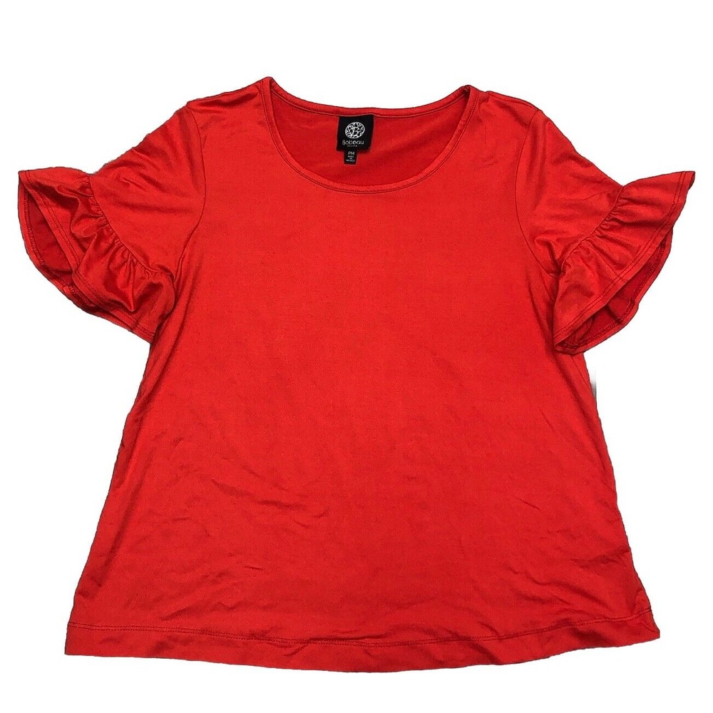 Bobeau Women's Petite M Mp Ruffle Sleeve T Shirt Blouse Boho Relaxed Top Red